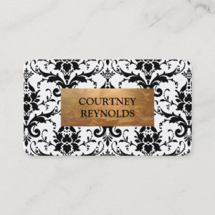 Retro Black and White Damask Pattern Copper Business Card