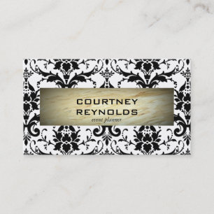 Retro Black and White Damask Pattern Marble Business Card