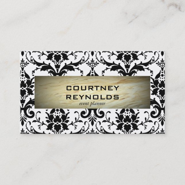 Retro Black and White Damask Pattern Marble Business Card (Front)