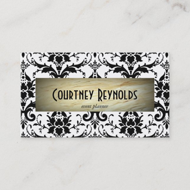 Retro Black and White Damask Pattern Marble Business Card (Front)