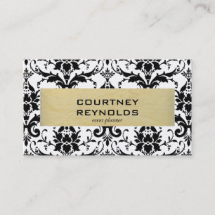 Retro Black and White Damask Pattern Yellow Business Card