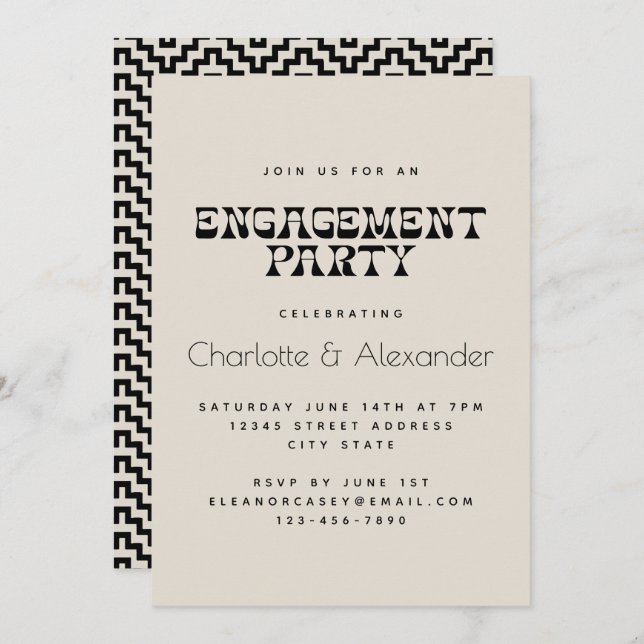 Retro Black and White Elegant Engagement Party Invitation (Front/Back)