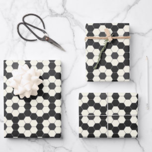 Retro Black and White Geometric Hexagon Tile Wrapping Paper Sheet