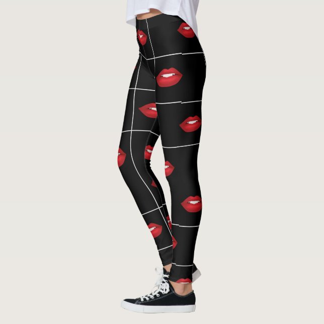 Retro Black and White Grid Pattern Red Lips  Leggings (Left)