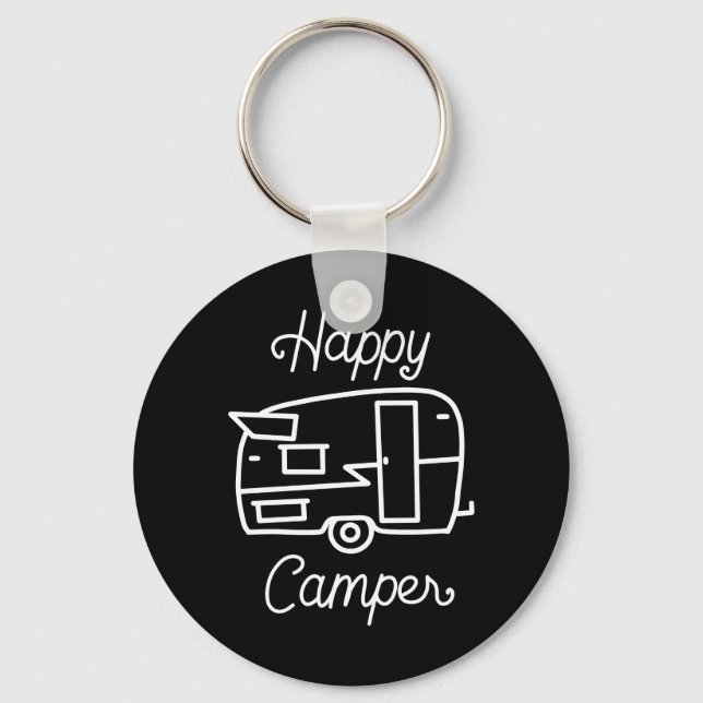 Retro  Black and White Happy Camper Key Ring (Front)