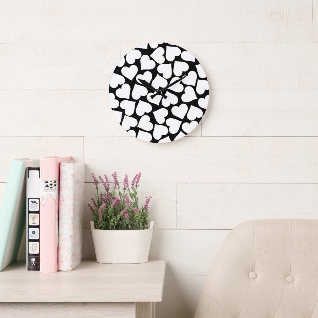 Retro Black and White Heart Pattern Large Clock (Reading Room)