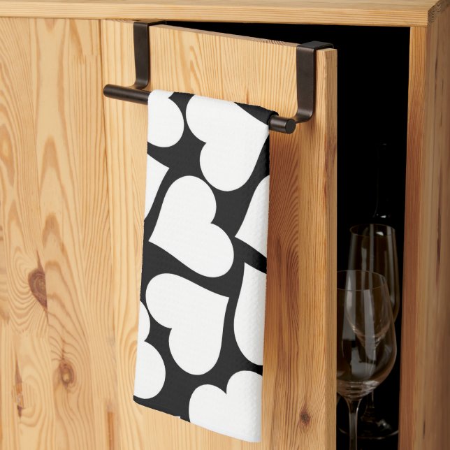 Retro Black and White Heart Pattern Tea Towel (Thirds Fold)