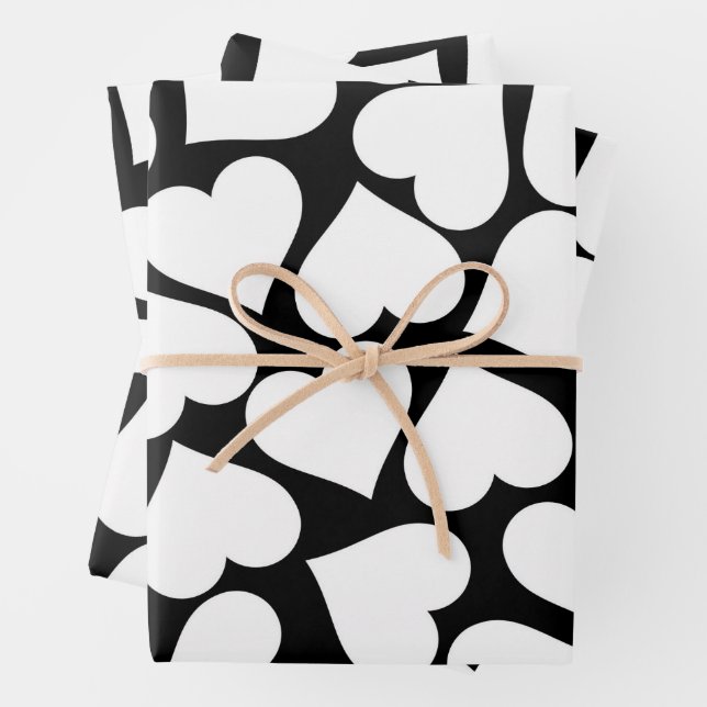 Retro Black and White Heart Pattern Wrapping Paper Sheet (In situ)