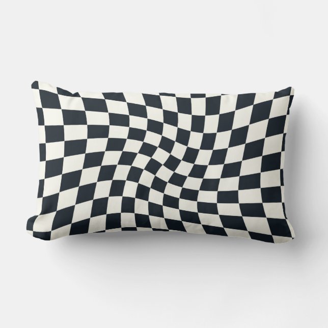 Retro Black And White Pastel Warped Chequerboard Lumbar Cushion (Front)