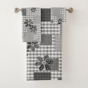Retro black and white patchwork rustic pattern bath towel set