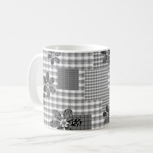Retro black and white patchwork rustic pattern coffee mug (Front Left)