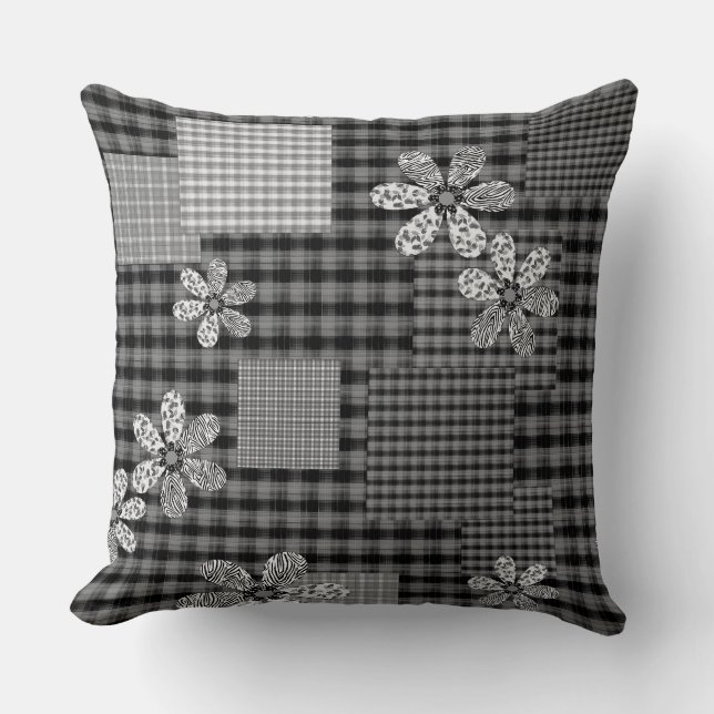 Retro black and white patchwork rustic pattern cushion (Front)