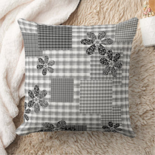 Retro black and white patchwork rustic pattern cushion
