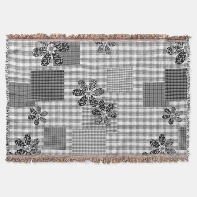 Retro black and white patchwork rustic pattern throw blanket (Front)