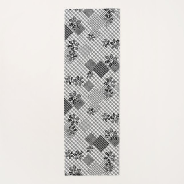 Retro black and white patchwork rustic pattern yoga mat (Back)