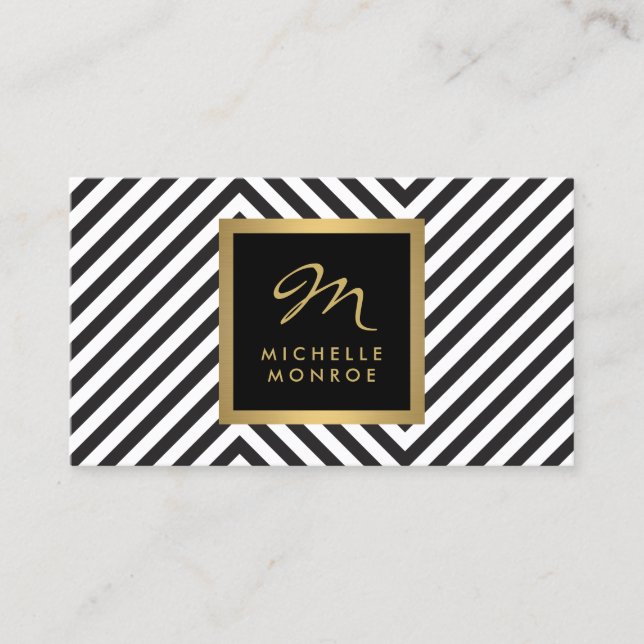 Retro Black and White Pattern Glam Gold Monogram Business Card (Front)