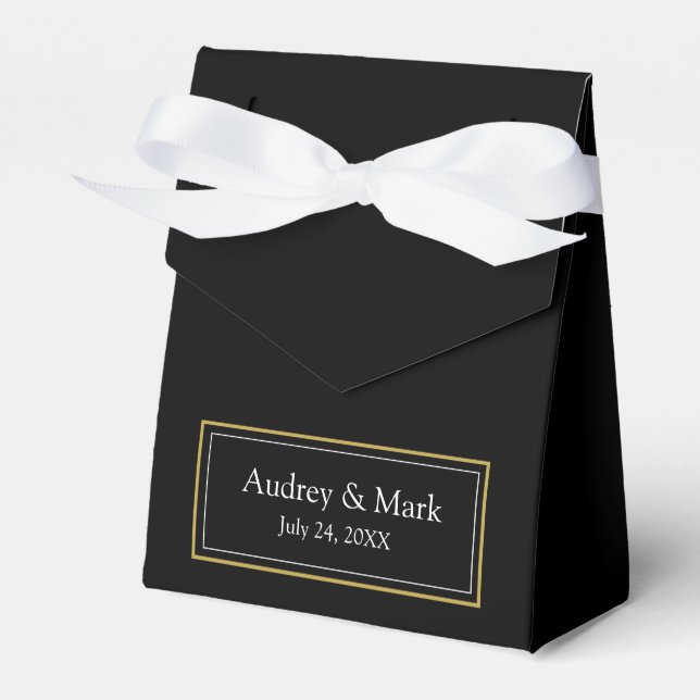 Retro Black and White Pattern Gold Name Logo Favour Box (Front Side)