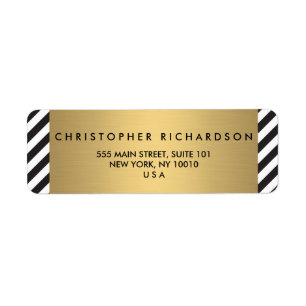 Retro Black and White Pattern Gold Name Logo Return Address Label