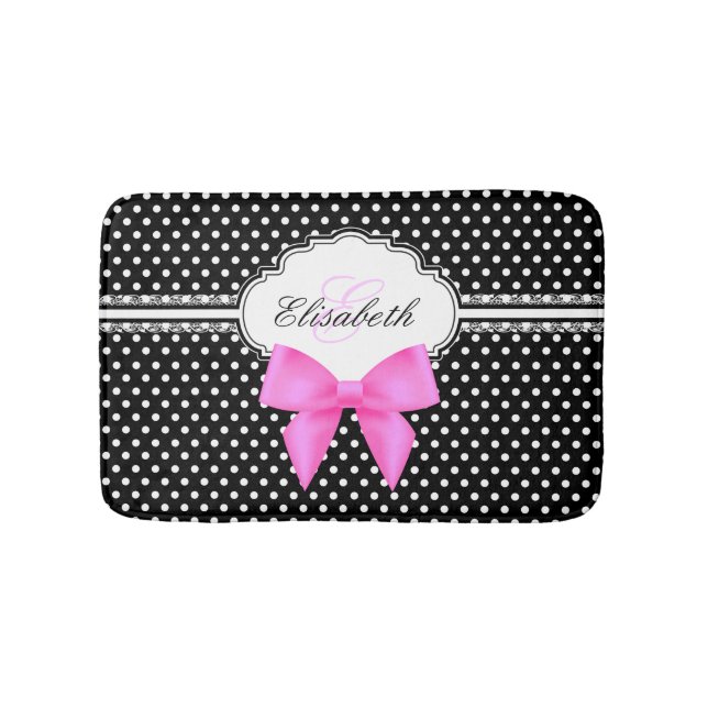 Retro black and white polka dot pink bow monogram bath mat (Front)