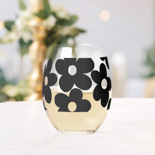 Retro Black Big Daisy Flowers Stemless Wine Glass
