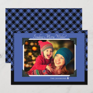 Retro Black & Blue Buffalo Check Christmas Photo Holiday Card