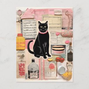Retro Black Cat Bead necklace Collage Postcard