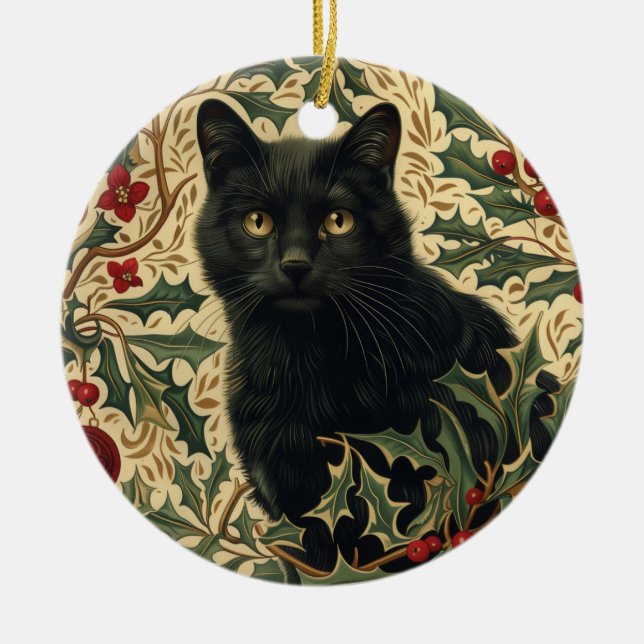 Retro Black Cat Ceramic Ornament (Front)