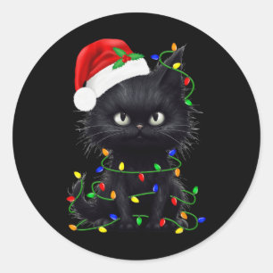 Retro Black Cat Christmas Light Fun Cat Men Women Classic Round Sticker