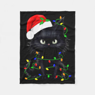 Retro Black Cat Christmas Light Funny Cat Men Wome Fleece Blanket