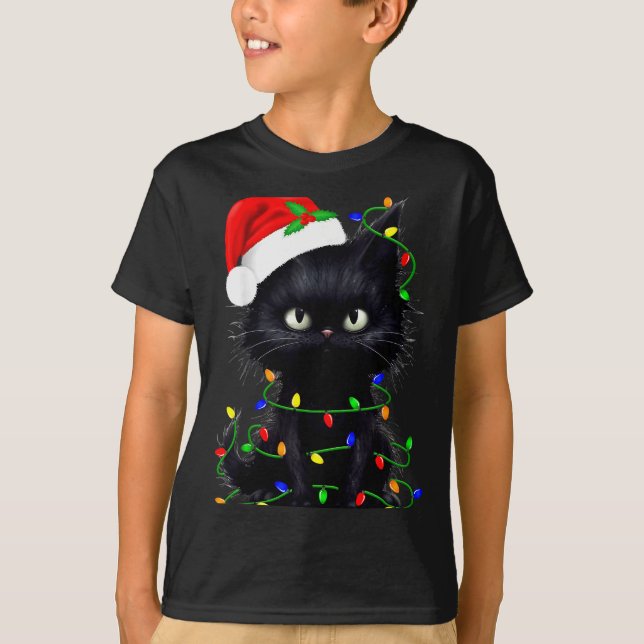 Retro Black Cat Christmas Light Funny Cat Men Wome T-Shirt (Front)