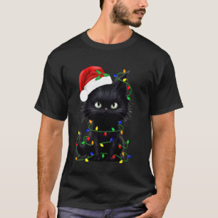 Retro Black Cat Christmas Light Funny Cat Men Wome T-Shirt