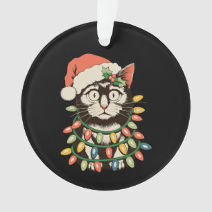 Retro Black Cat Christmas Lights Funny Xmas Santa Ornament