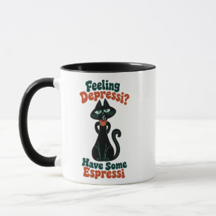Retro Black Cat Coffee Pun in Teal and Orange Mug