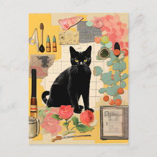 Retro Black Cat flowers Collage Postcard
