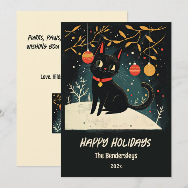 Retro Black Cat Fun Holiday Card (Front/Back)