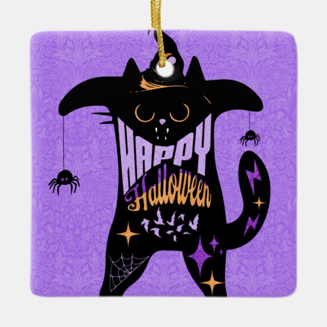 Retro Black Cat Funny Halloween Ceramic Ornament (Front)