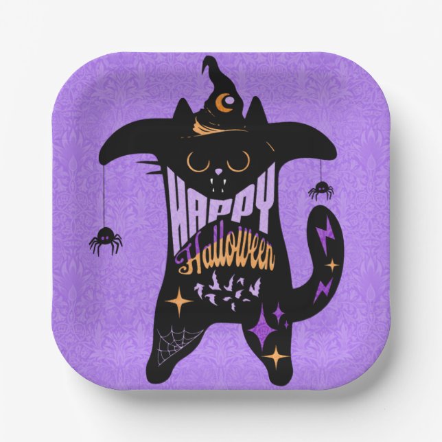 Retro Black Cat Funny Halloween   Paper Plate (Front)