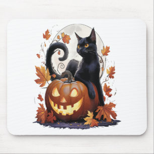 Retro Black Cat Halloween Moon Costume Scary But C Mouse Pad