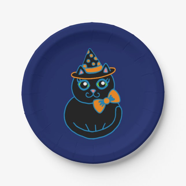 Retro Black Cat Halloween Party Paper Plates  (Front)