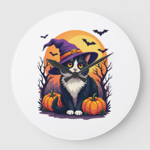 Retro Black Cat Halloween Pumpkin Costume For Men  Large Clock