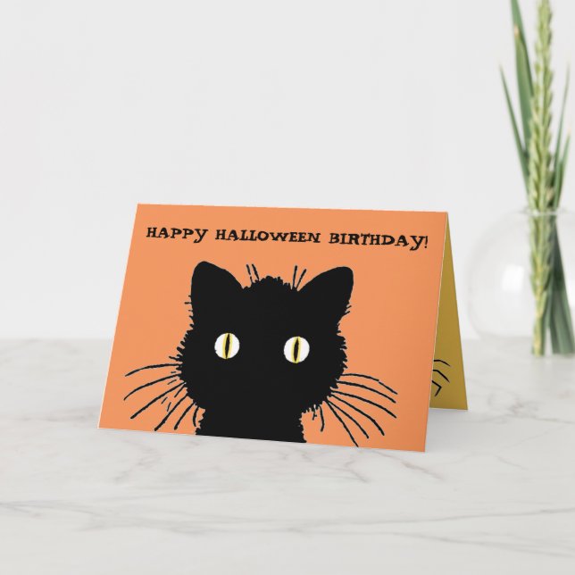 Retro Black Cat Happy Halloween Birthday Card (Front)