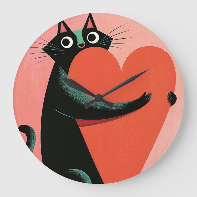Retro Black Cat Heart Pastel Midcentury Large Clock (Front)