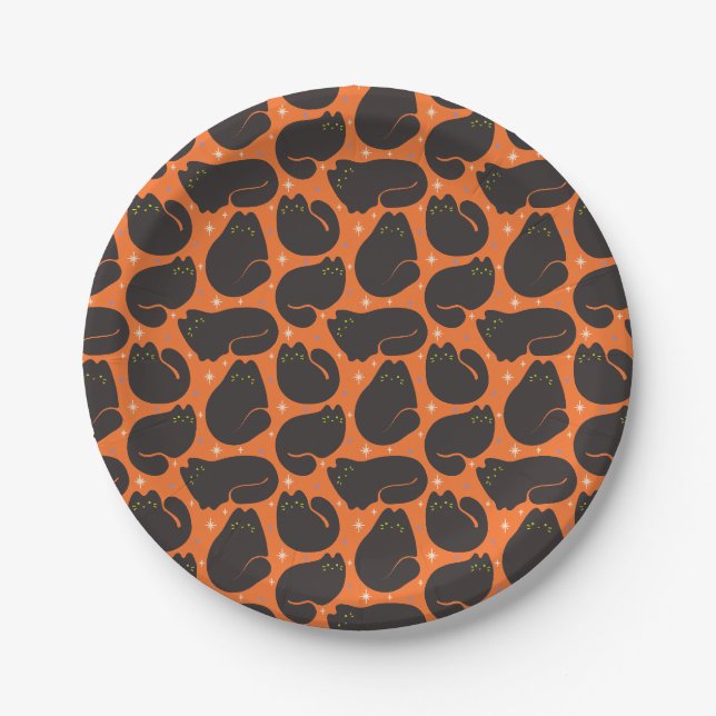 Retro Black Cat in Orange Paper Plate (Front)