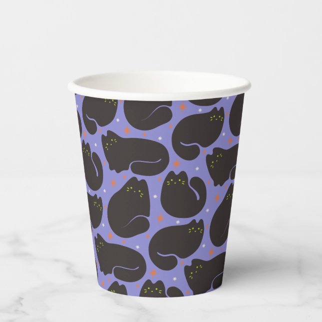 Retro Black Cat in Purple Paper Cups (Front)