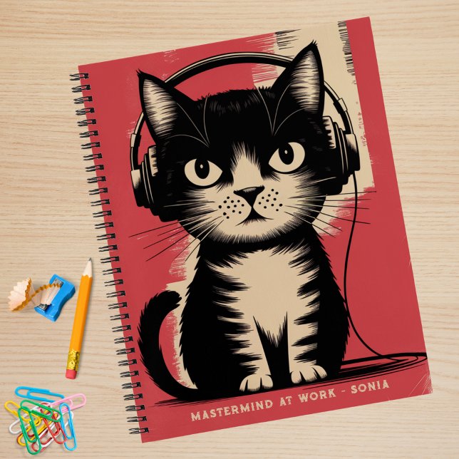 Retro Black Cat, Mastermind At Work & Name,Funny Notebook (Creator Uploaded)
