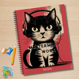 Retro Black Cat, Mastermind At Work & Name,Funny Notebook