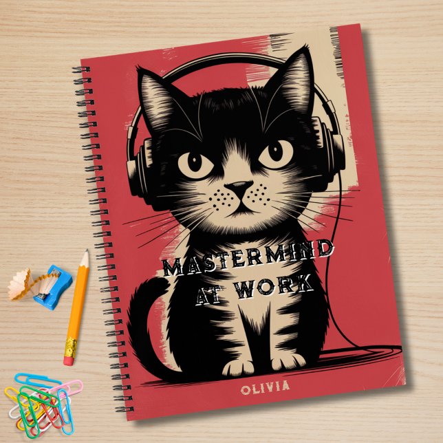 Retro Black Cat, Mastermind At Work & Name,Funny Notebook (Creator Uploaded)