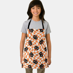 Retro Black Cat Orange Check Pattern Apron