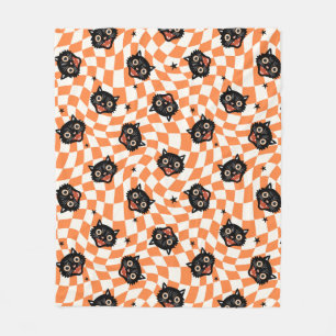 Retro Black Cat Orange Check Pattern Fleece Blanket