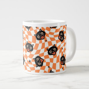 Retro Black Cat Orange Check Pattern Large Coffee Mug